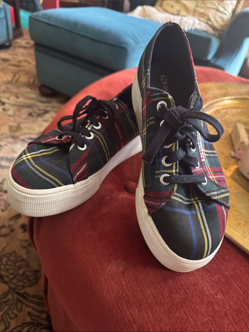 Superga Plaid Canvas Sneakers in Black, Red & Yellow
